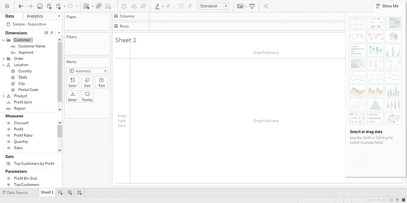 Tableau interface with blank worksheet