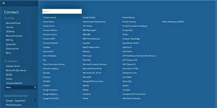 Tableau data connection options screen