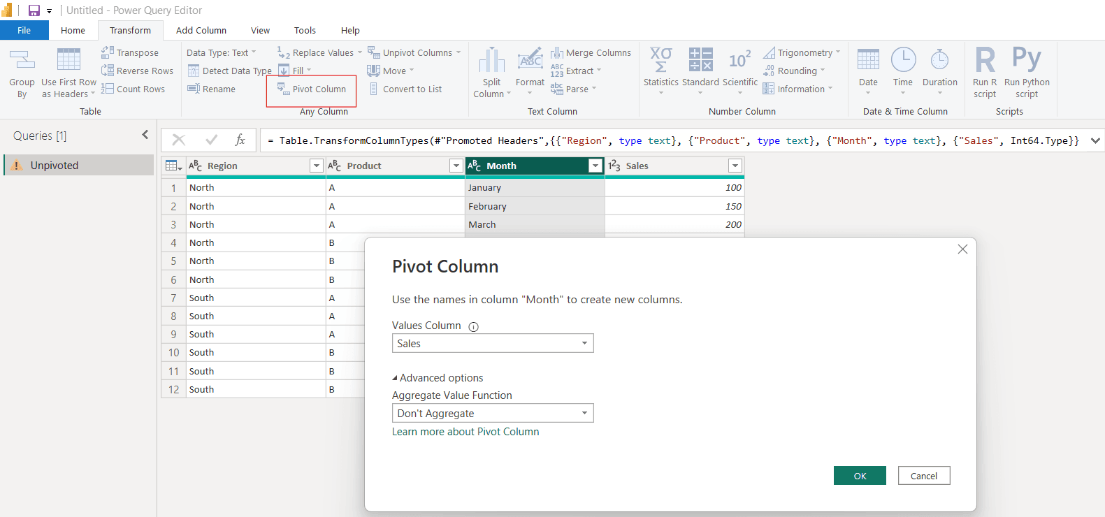 Pivoting the data using Months column