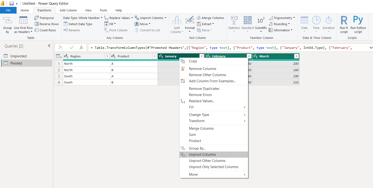 Unpivoting data using January, February, March columns